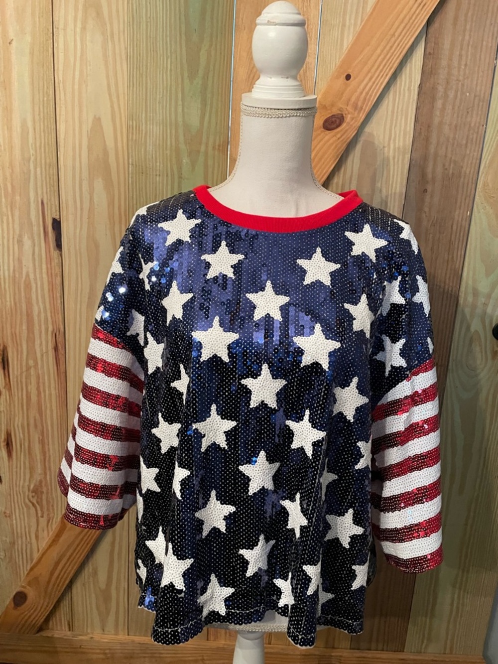 Simply Southern Sequin Flag Top - Blue White Red
